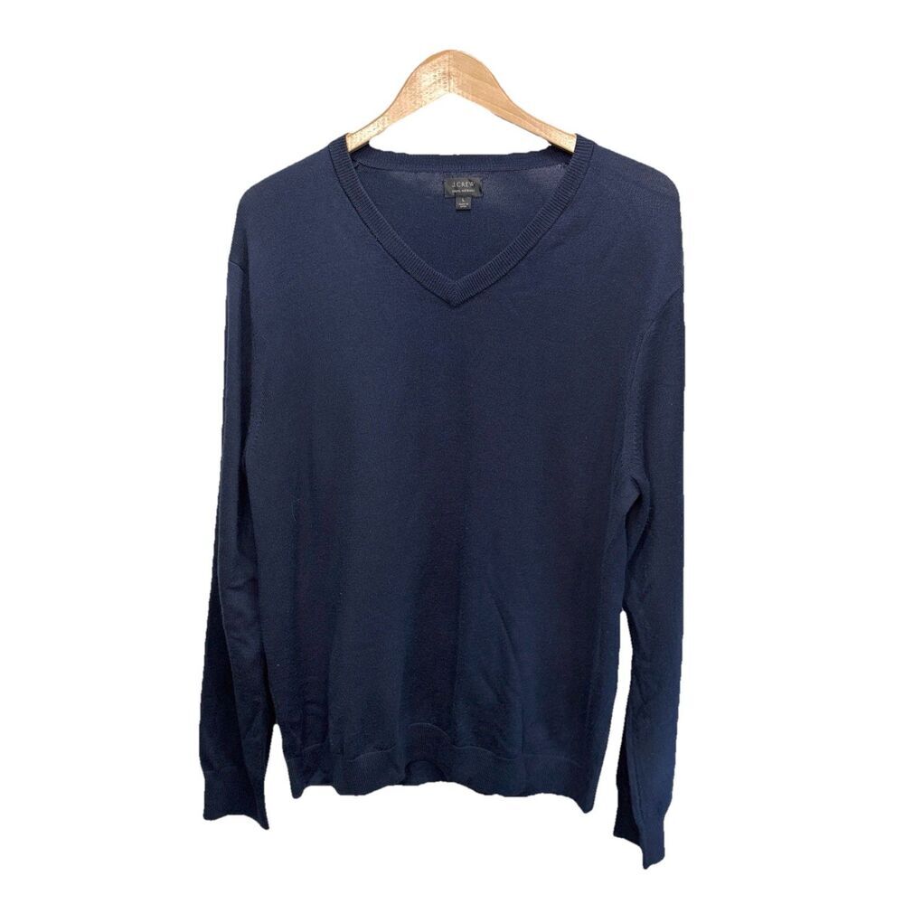 J. Crew Mens Large Merino Wool V-Neck Sweater Navy Blue Pullover Knit Preppy